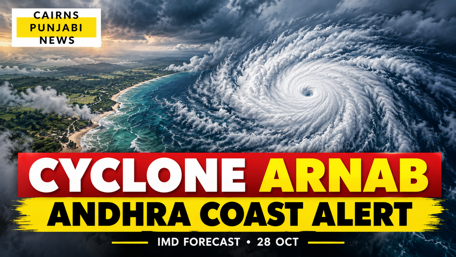 AI-generated conceptual cyclone over a generic coast with Cairns Punjabi News logo and Cyclone Arnab alert headline; not an actual storm image