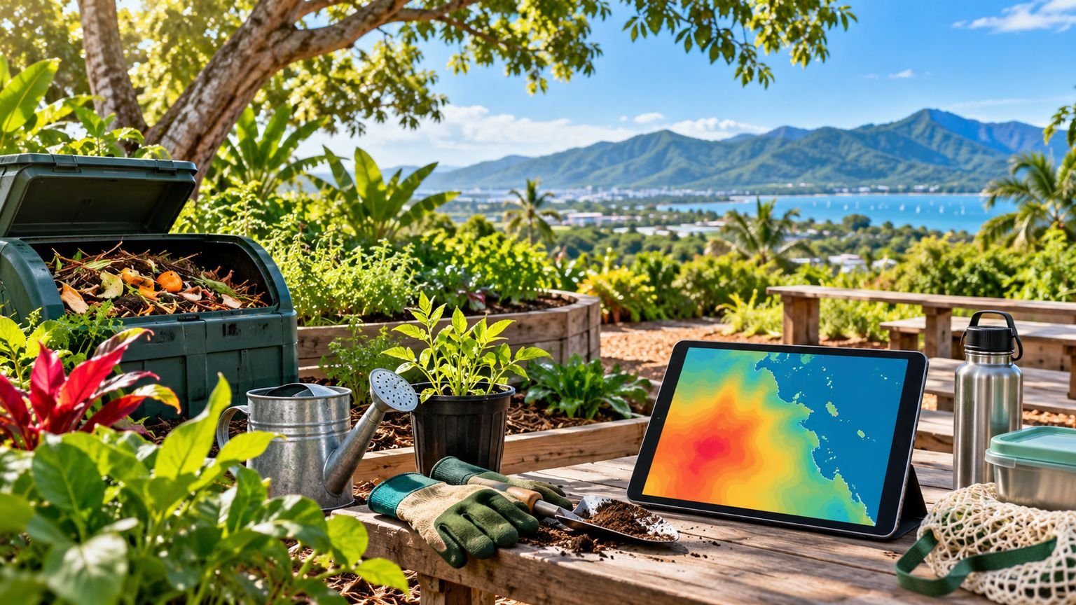 AI-generated editorial illustration of a tropical school garden with a compost bin and tablet showing an abstract heat map; not a photograph of the students or their projects.