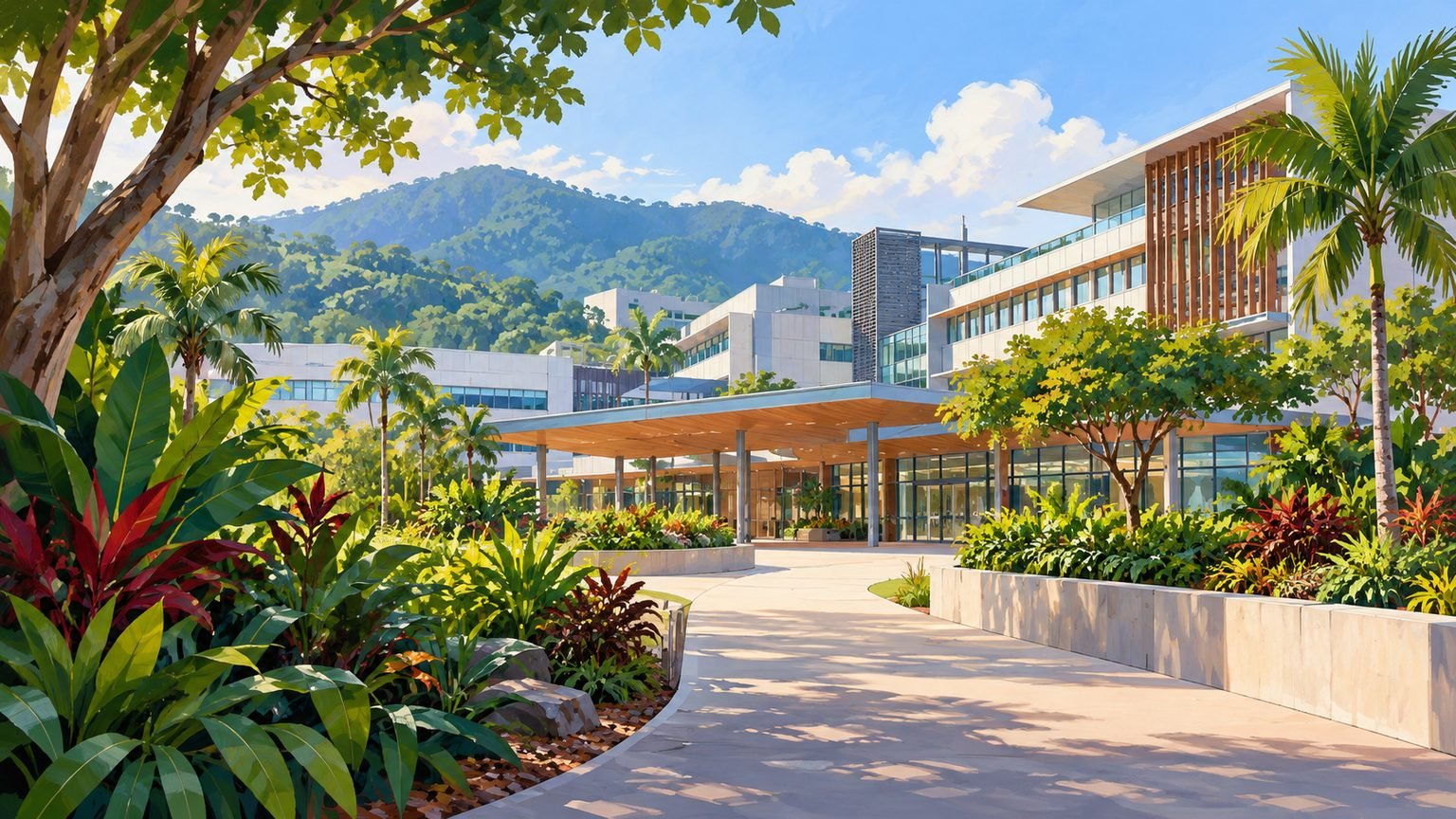 AI-generated painterly illustration of a generic tropical regional hospital; not Cairns Hospital or a real health facility