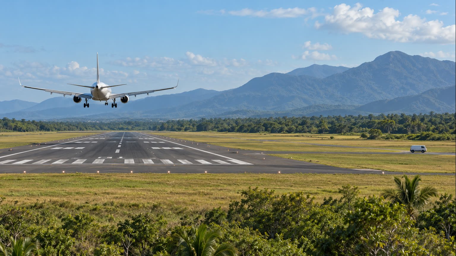 AI-generated conceptual editorial illustration of an unbranded aircraft approaching a generic regional runway with a small white ground vehicle at a distance; not the incident