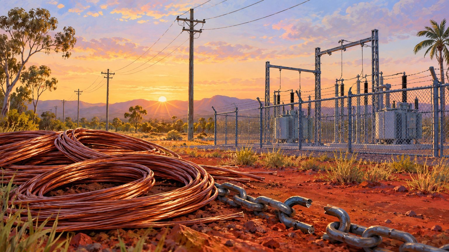 AI-generated painterly editorial illustration of generic regional electrical infrastructure and copper wire; not a photograph of a theft scene