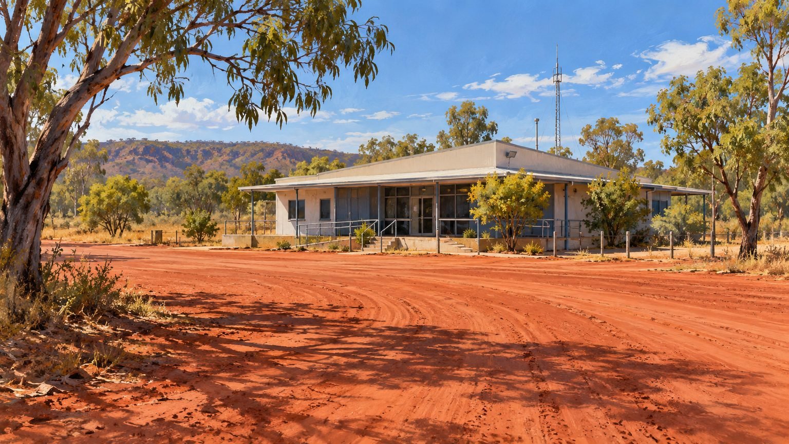 AI-generated editorial illustration of a fictional civic building on a red-dirt road; not the actual Laura police station.