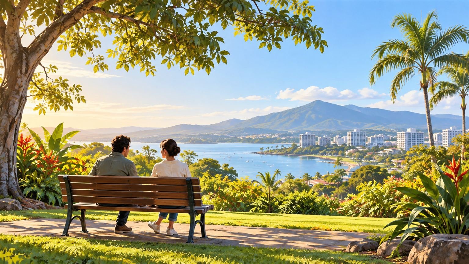 AI-generated editorial illustration of two anonymous people talking on a bench in a generic tropical park; not a photograph of a Cairns event.