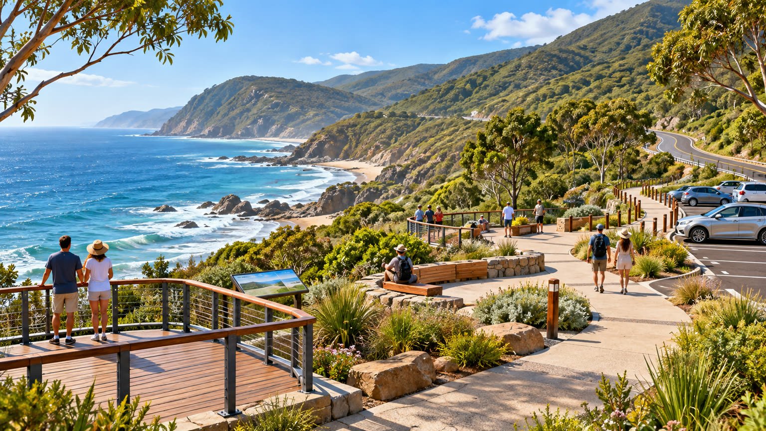 AI-generated editorial illustration of fictional visitors using upgraded paths and public spaces along Victoria's Great Ocean Road