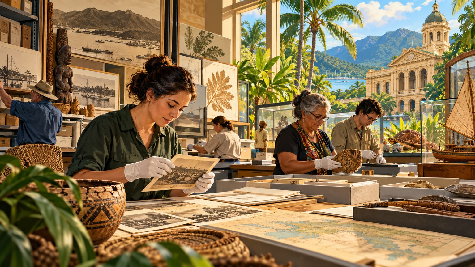 AI-generated editorial illustration of fictional museum workers preserving photographs and artefacts in a tropical Cairns archive