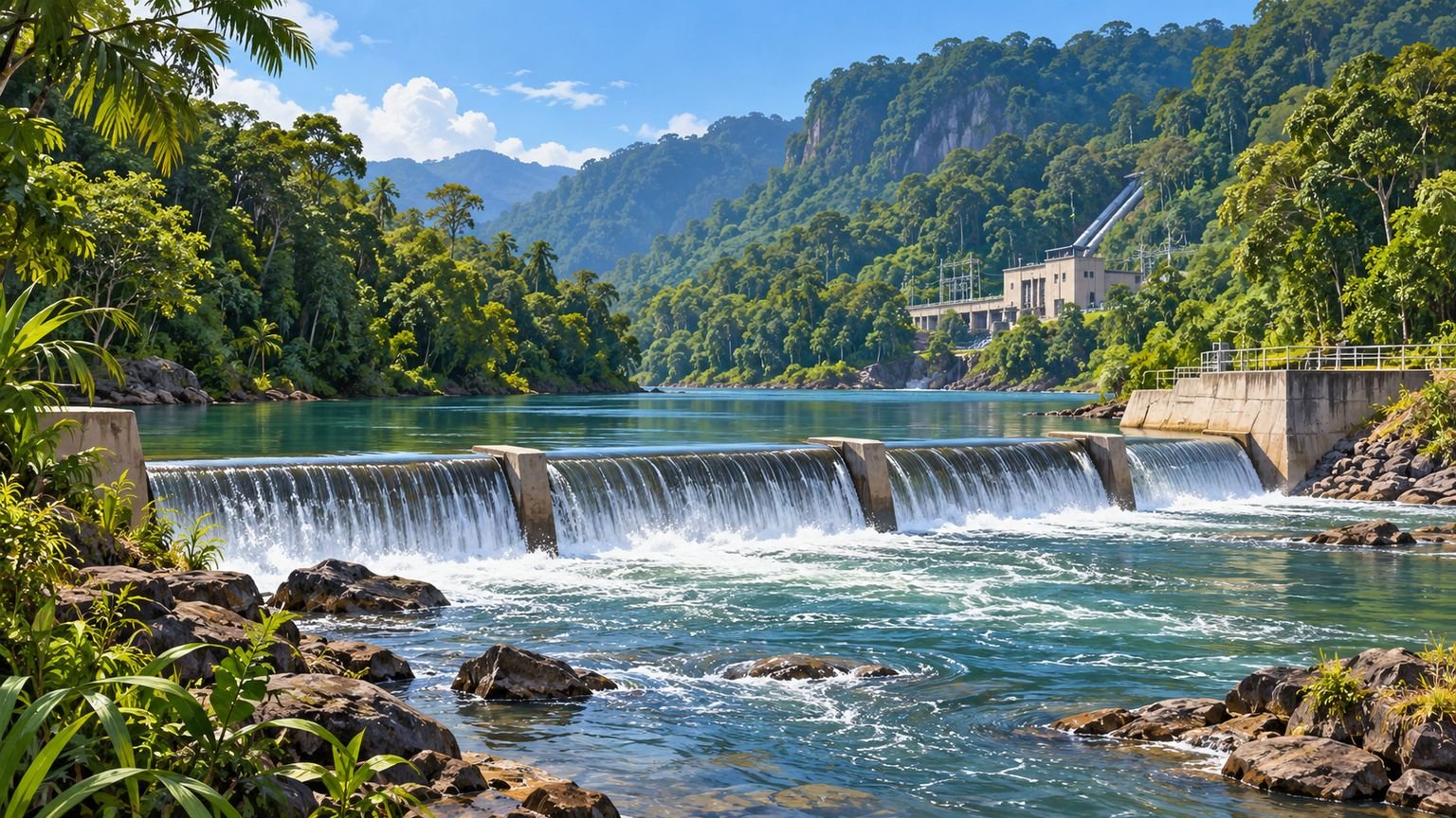 AI-generated conceptual illustration of a generic weir and hydropower landscape in tropical Queensland; not a photograph of Kuranda Weir or the completed repairs