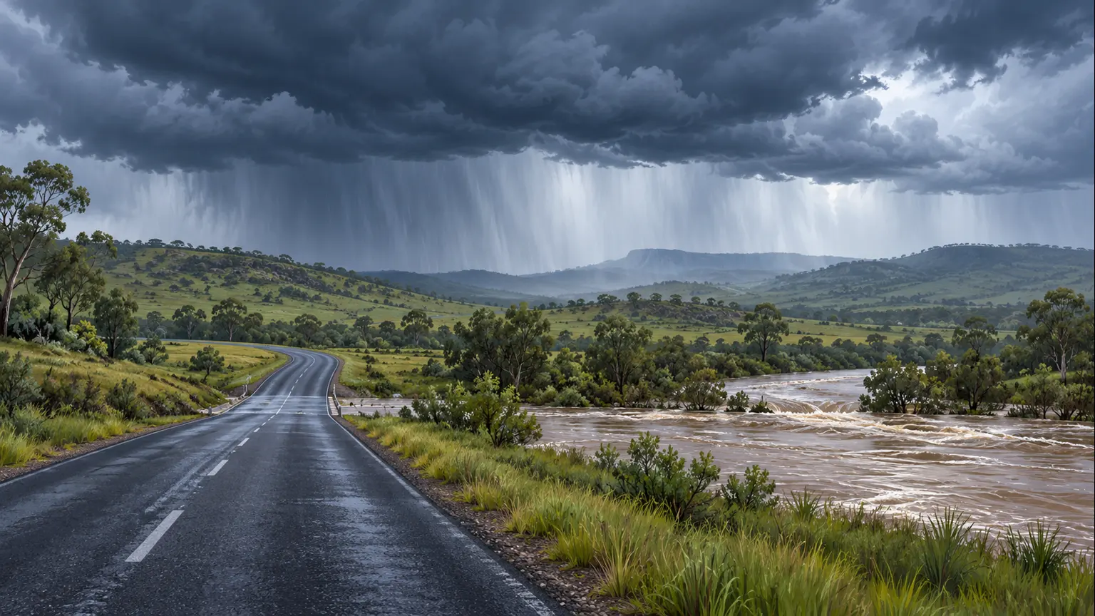 AI-generated illustration of storm clouds over an empty rural road and creek; not a photograph of an actual Central Highlands weather event