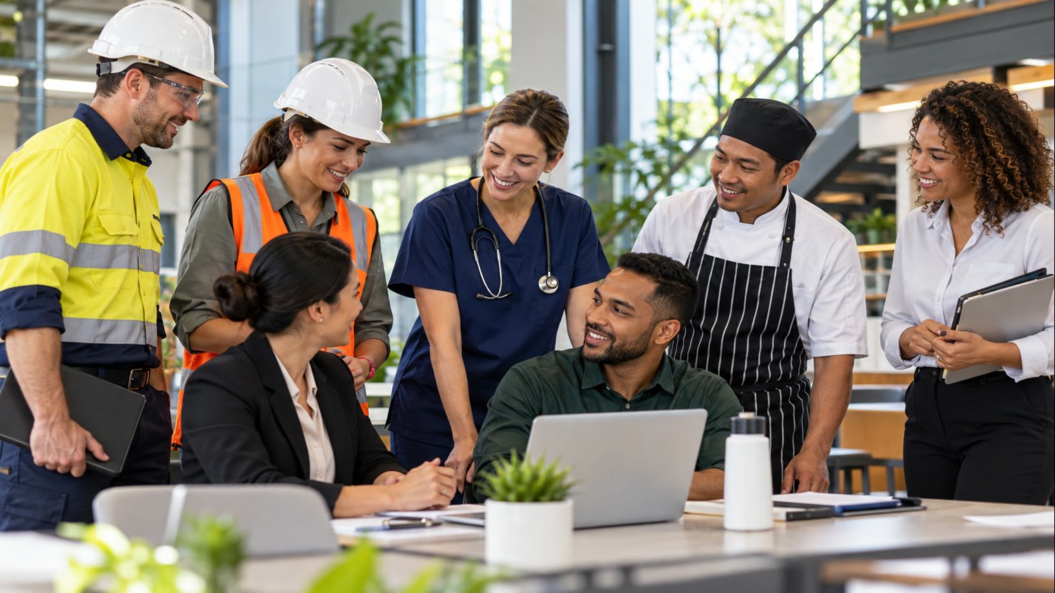 AI-generated editorial illustration of fictional Australian workers from several industries discussing workplace safety