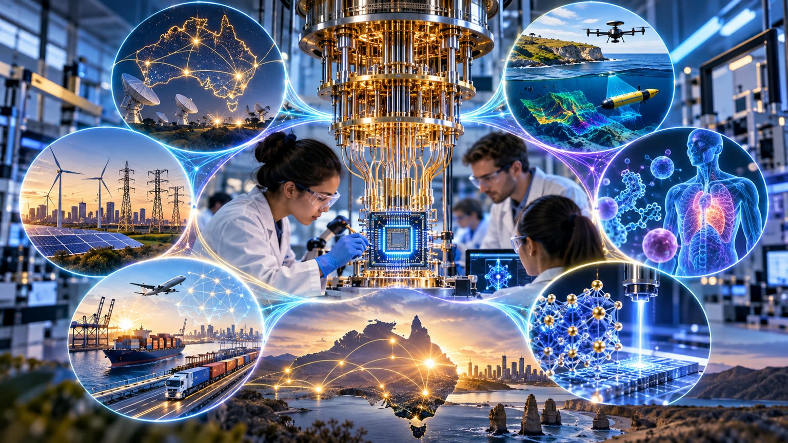AI-generated editorial illustration of fictional researchers developing quantum technology for energy, health, biosecurity and logistics in Australia