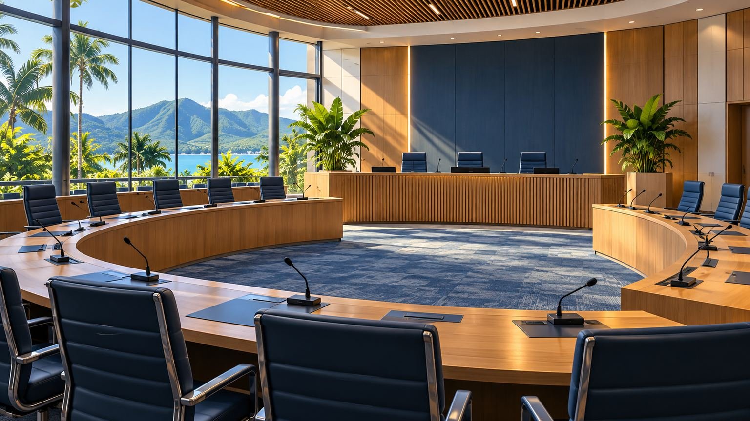 AI-generated symbolic editorial illustration of an empty generic council chamber; not the actual Cairns council chamber or meeting
