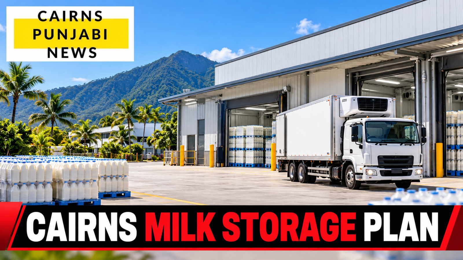 AI-generated conceptual dairy cold-storage warehouse and milk truck with Cairns Punjabi News logo and Cairns milk storage plan headline; not the actual site