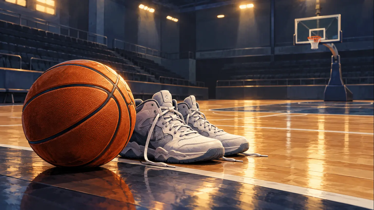 AI-generated illustration of a basketball and unused shoes on an empty generic indoor court; not Galloway or the actual Taipans match