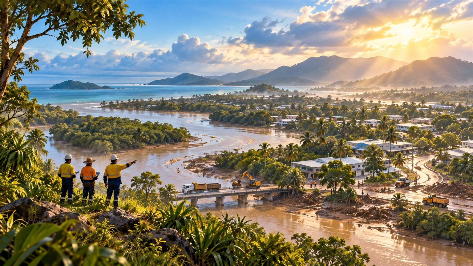 AI-generated conceptual illustration of a generic tropical community and recovery workers after rain; not a real disaster scene
