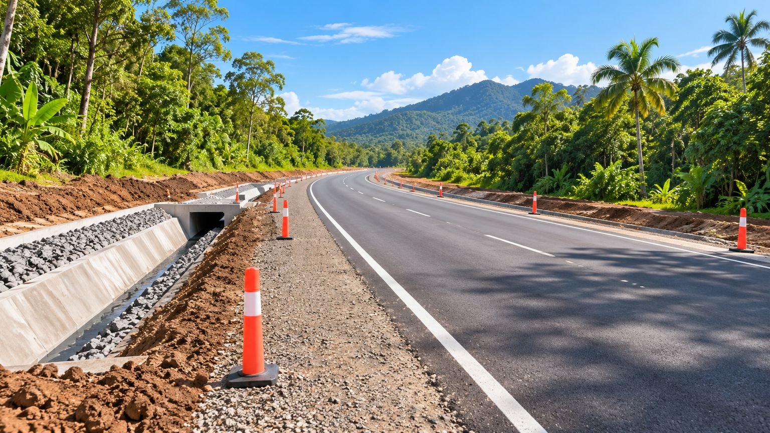 AI-generated conceptual illustration of an empty tropical highway with drainage works and safety cones; not a photograph of Gairloch construction.