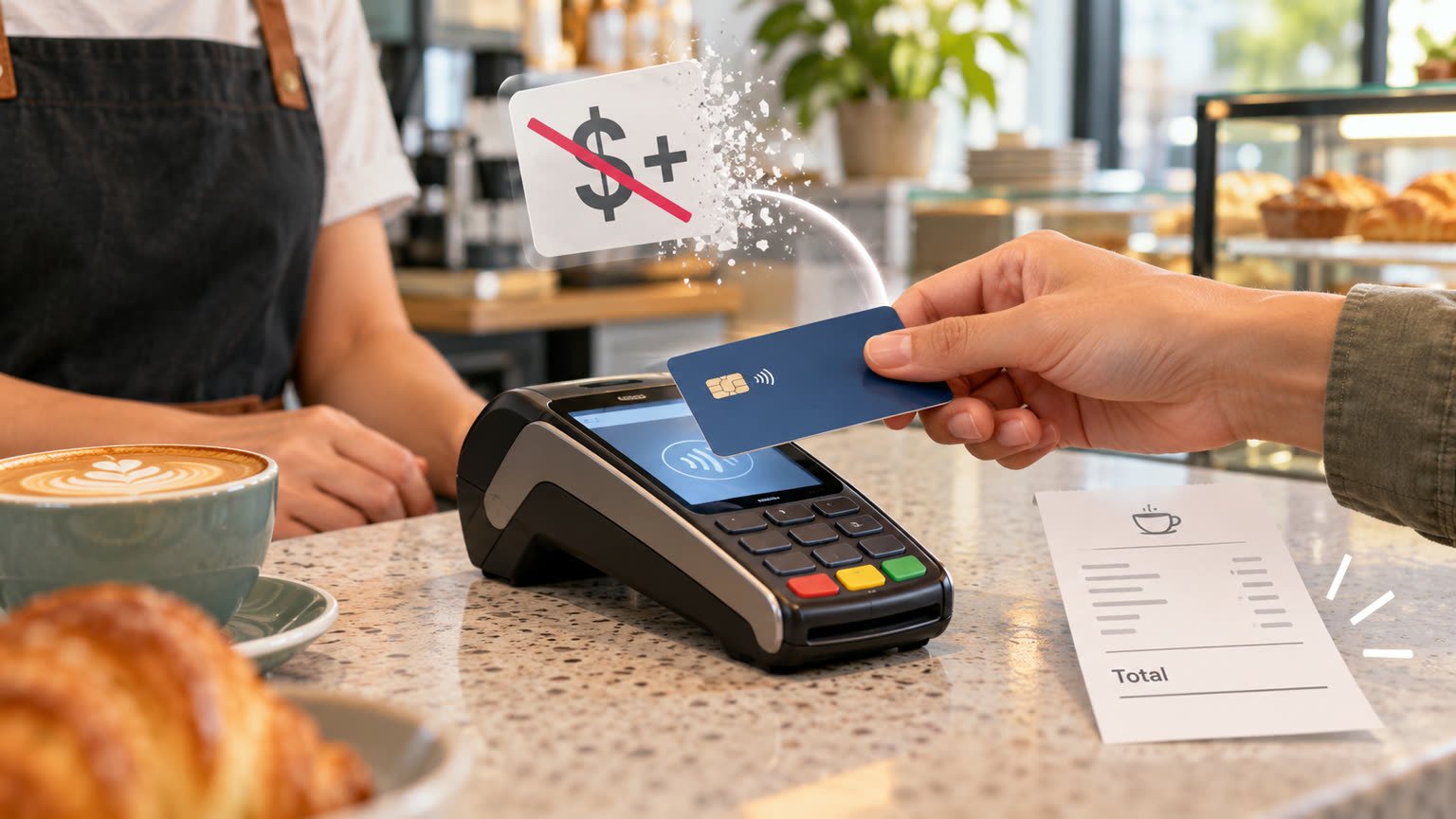 AI-generated editorial illustration of a fictional customer making a surcharge-free card payment at an Australian cafe