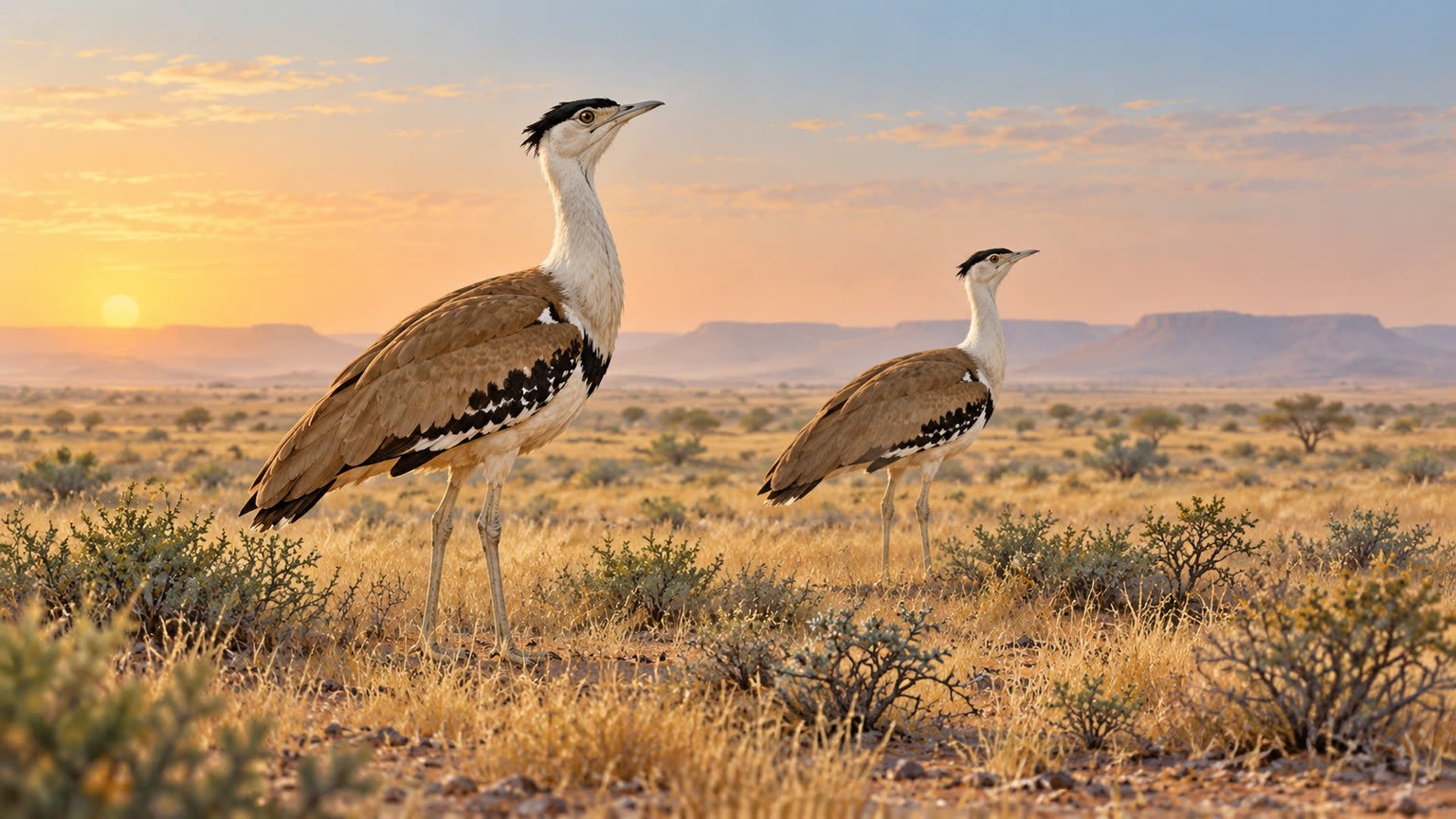 AI-generated editorial illustration of two Great Indian Bustards in an arid Rajasthan grassland; not a photograph of the release