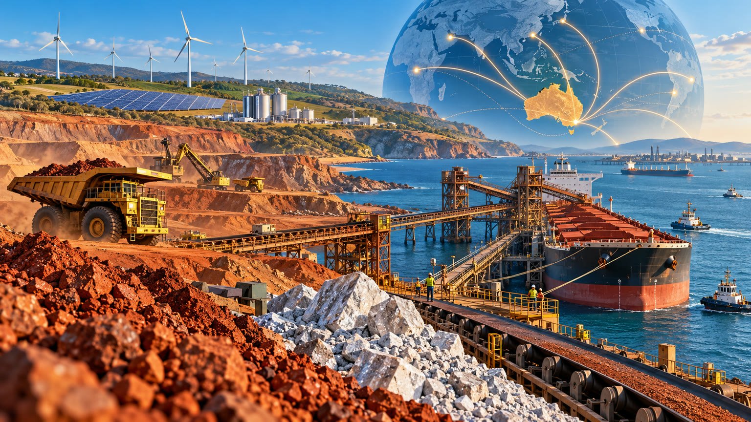 AI-generated editorial illustration of Australian mining, renewable energy and commodity exports moving through a port
