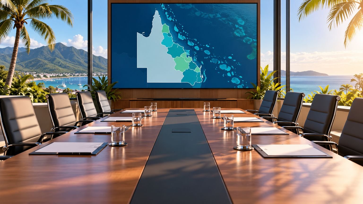AI-generated conceptual editorial illustration of an empty conference table and an abstract Queensland map; not the actual Cairns conference or venue.