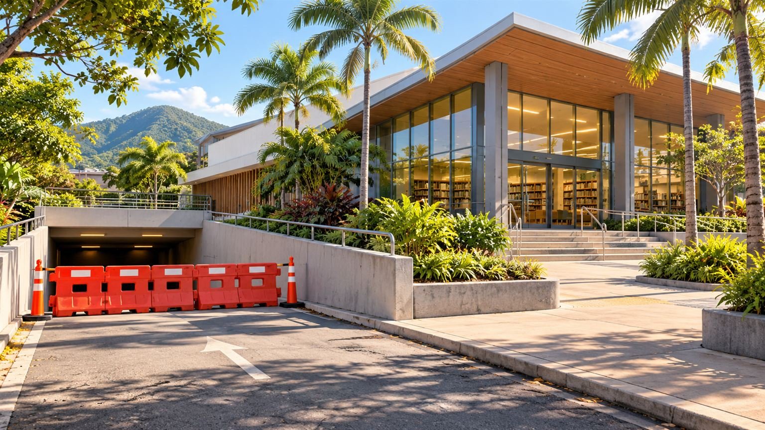 AI-generated illustration of a generic tropical library with a temporarily closed car park entrance; not the actual Cairns City Library.