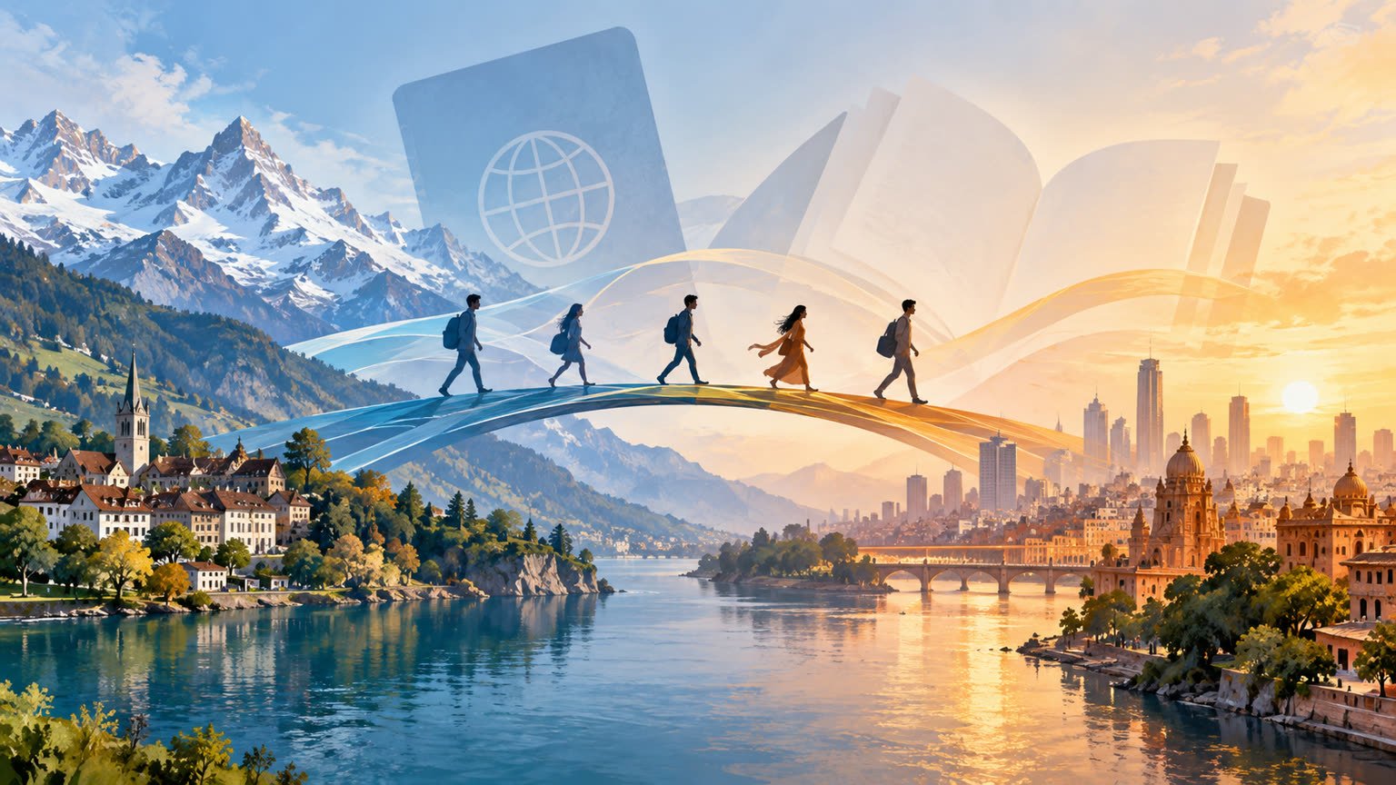 AI-generated conceptual illustration of pathways between generic Swiss and Indian landscapes with anonymous travellers; not a photo of the agreement