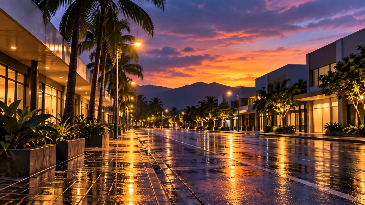 AI-generated illustration of an empty generic tropical city street at dusk; not Spence Street or the alleged incident