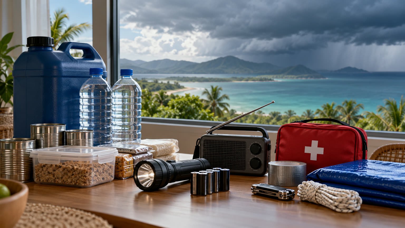 AI-generated conceptual illustration of an emergency kit beside a generic tropical coastal window