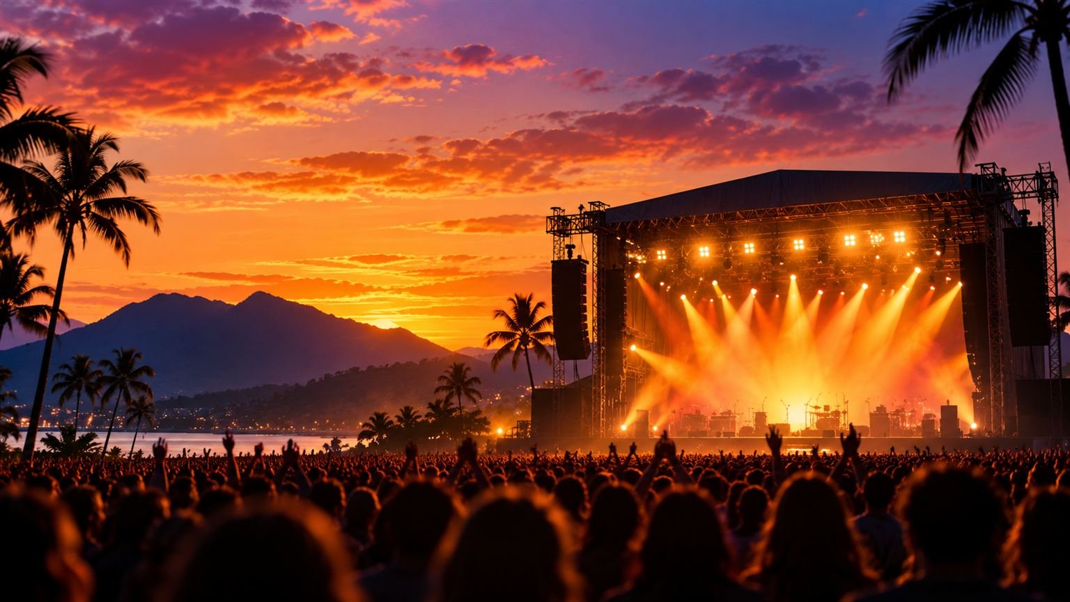 AI-generated editorial illustration of a generic concert stage at tropical dusk; not Powderfinger or Cazalys Stadium