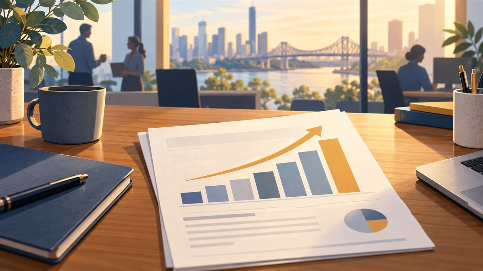 AI-generated editorial illustration of a generic office report with decorative rising bars; not actual WorkCover data, records or claimants