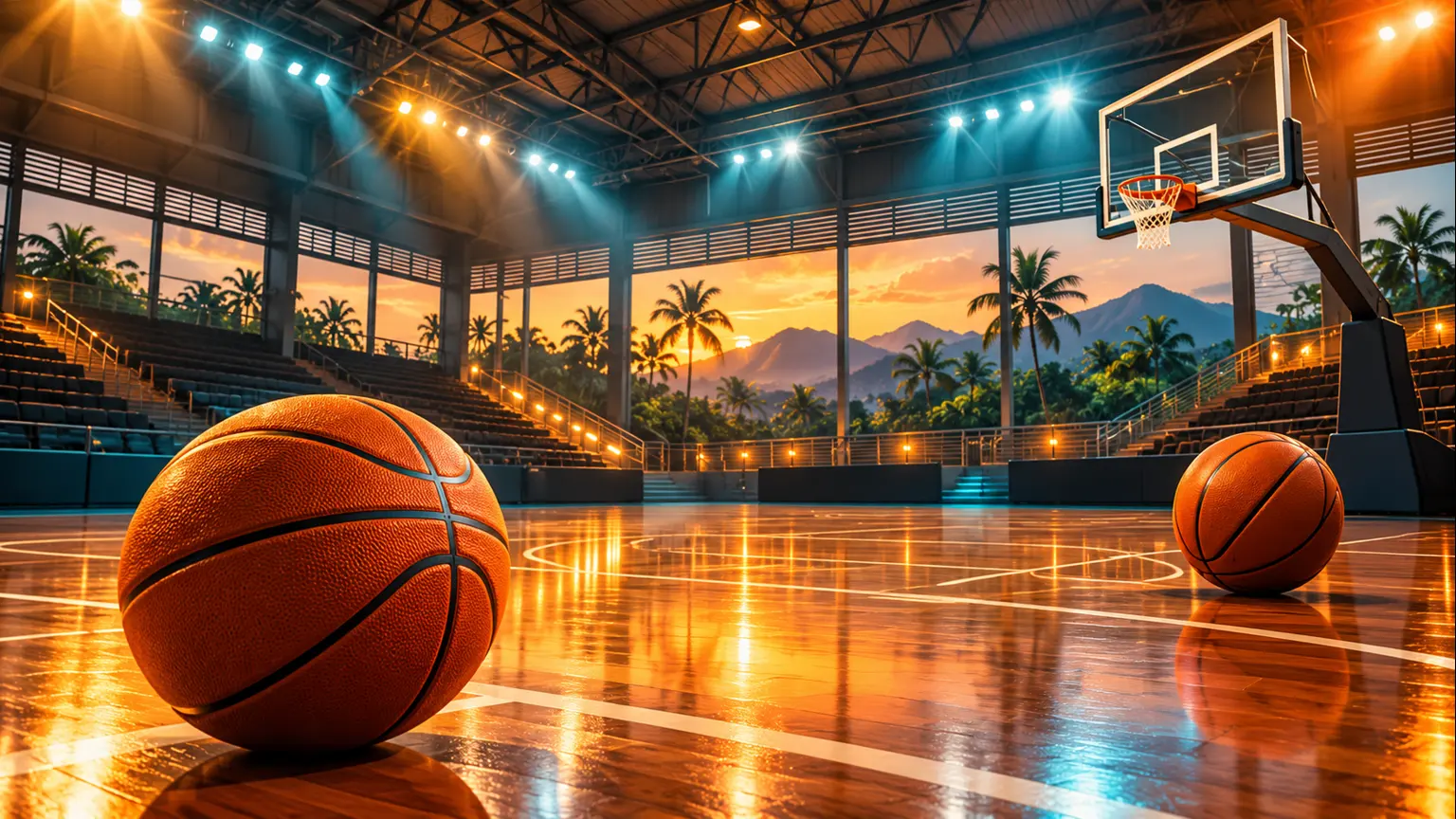 AI-generated illustration of two basketballs on an empty generic indoor court; not a real Cairns Taipans game or venue
