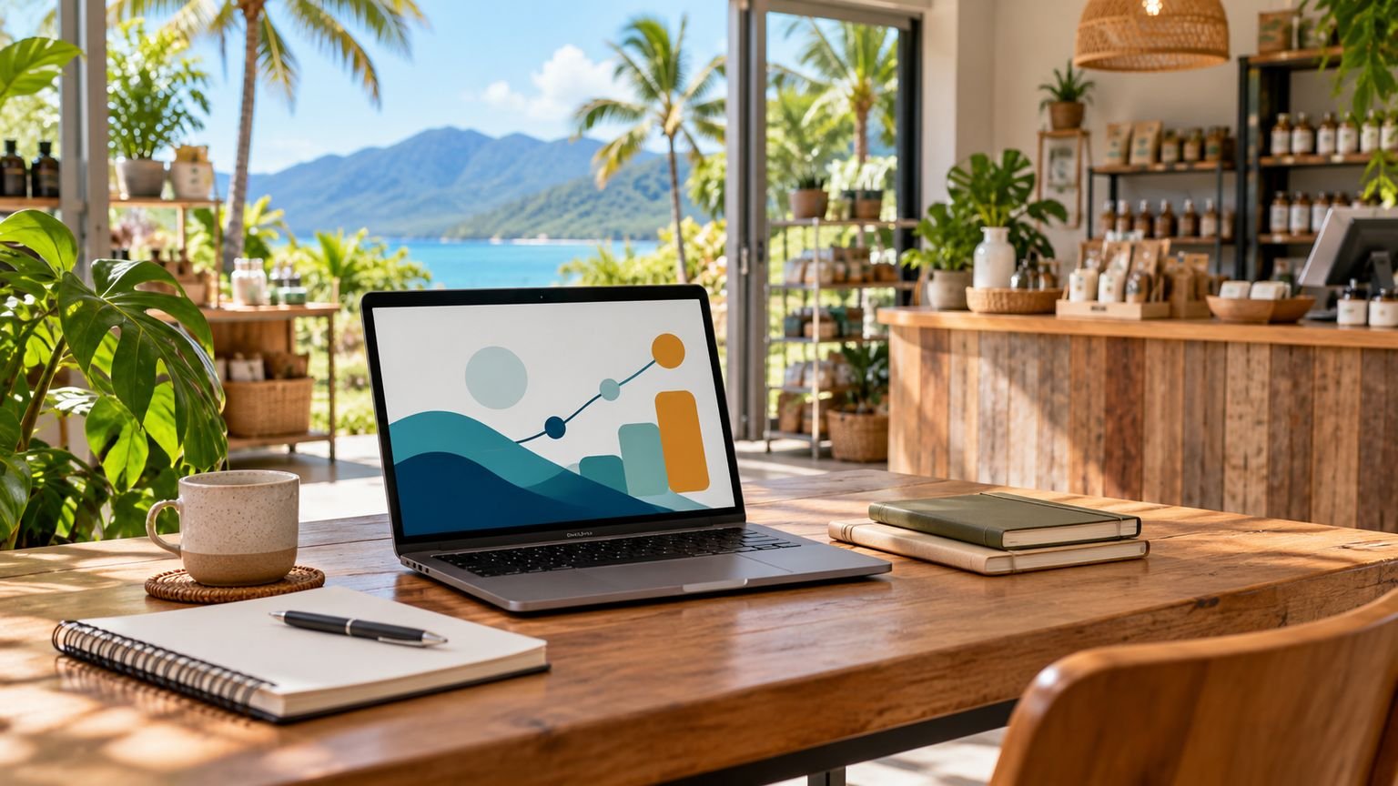 AI-generated conceptual illustration of an empty tropical small-business workspace with a laptop and notebook; not a photograph of course participants.