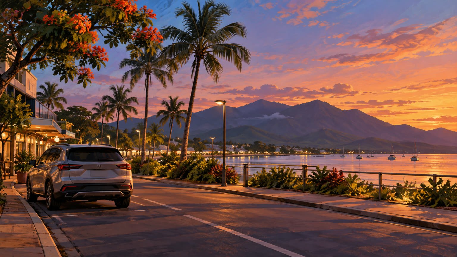 AI-generated editorial illustration of a generic tropical streetscape in Far North Queensland; not an actual police deployment scene