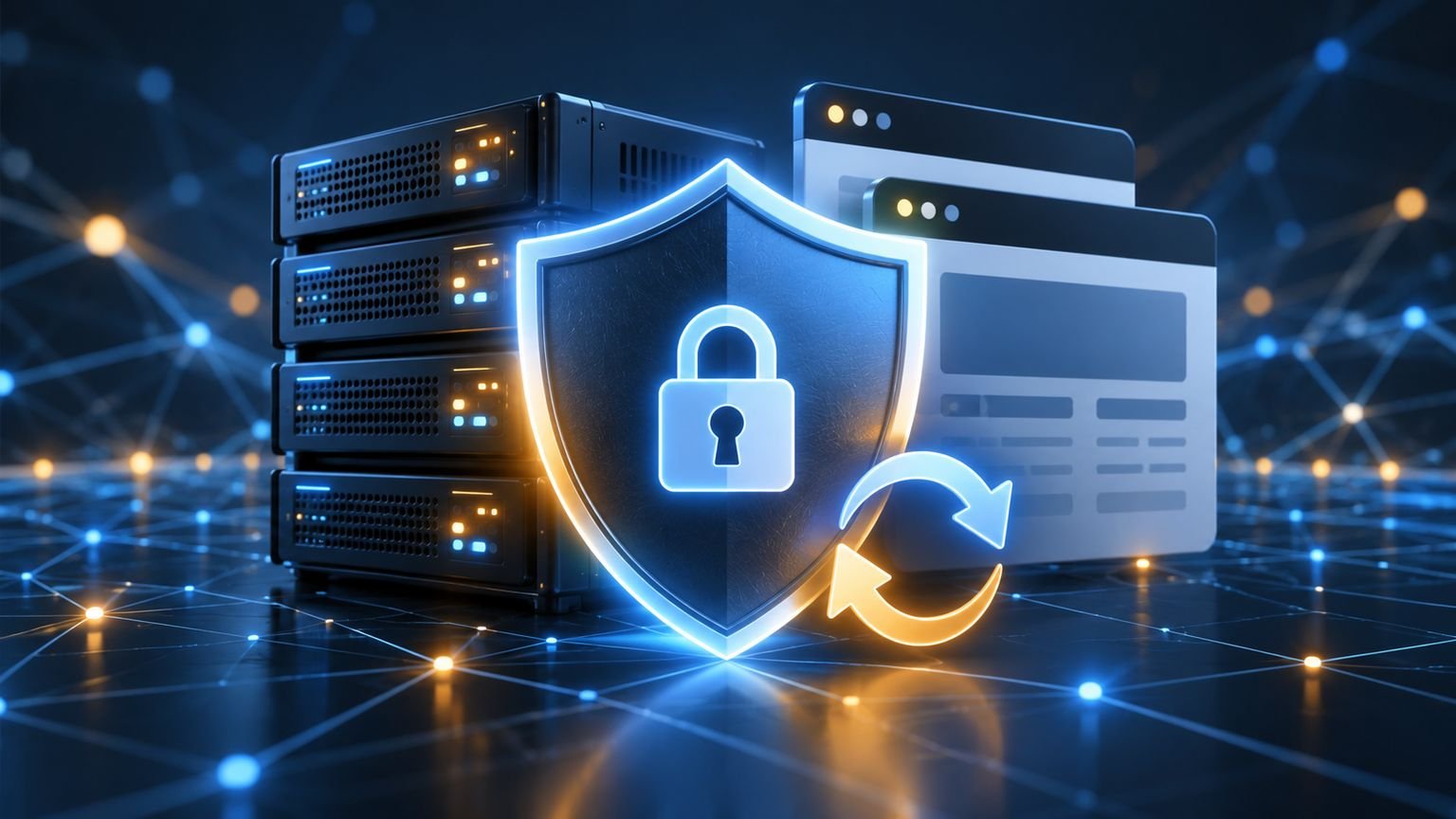 AI-generated conceptual illustration of a shield protecting servers and generic browser windows during a software update; not an image of an actual incident
