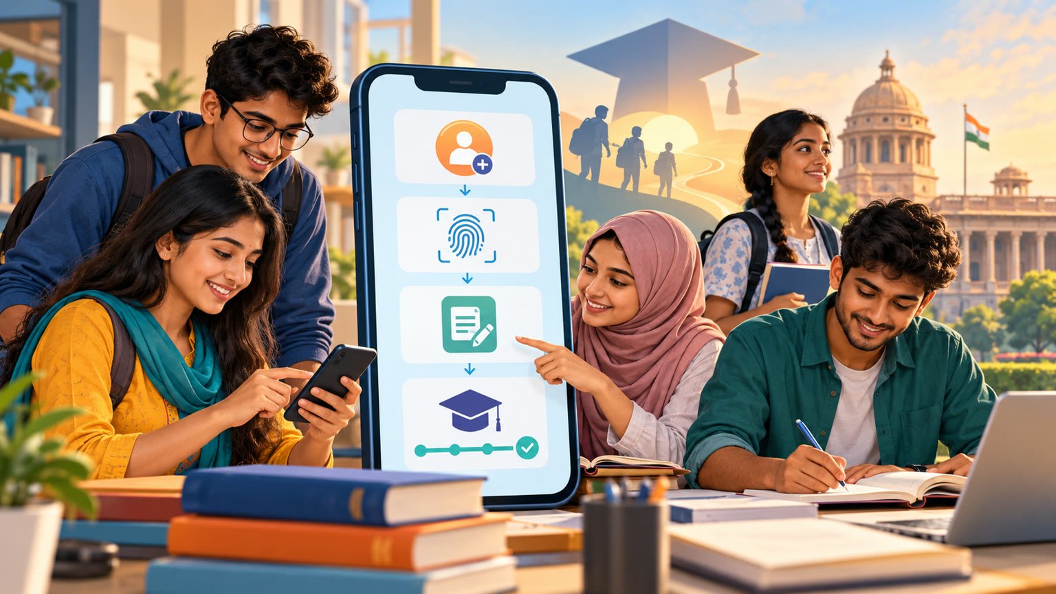 AI-generated editorial illustration of fictional Indian students using a mobile scholarship application and tracking service