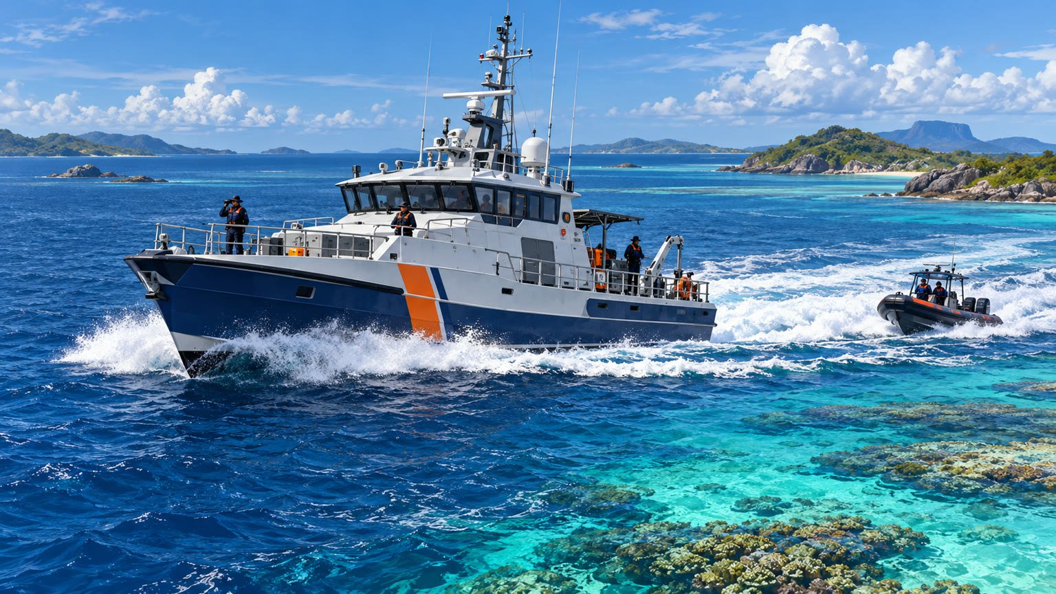 AI-generated editorial illustration of a conceptual fisheries patrol vessel operating in tropical North Queensland waters