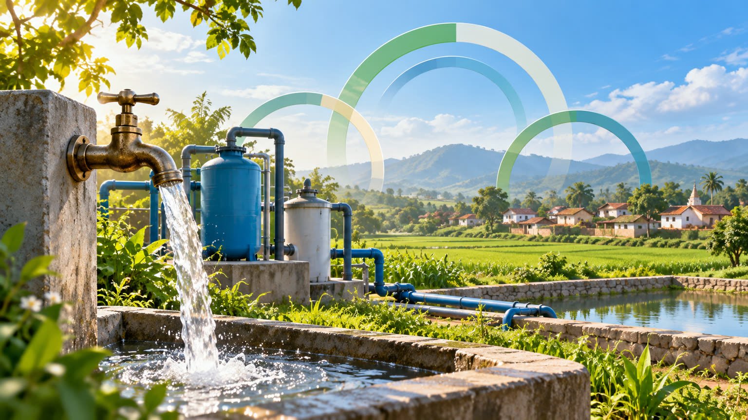AI-generated editorial illustration of a rural water tap, water-treatment equipment and a village landscape representing WASH financing