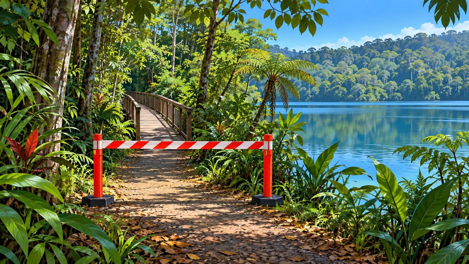 AI-generated illustration of a generic rainforest lake path with a temporary barrier; not the actual Lake Barrine track or damaged bridge.
