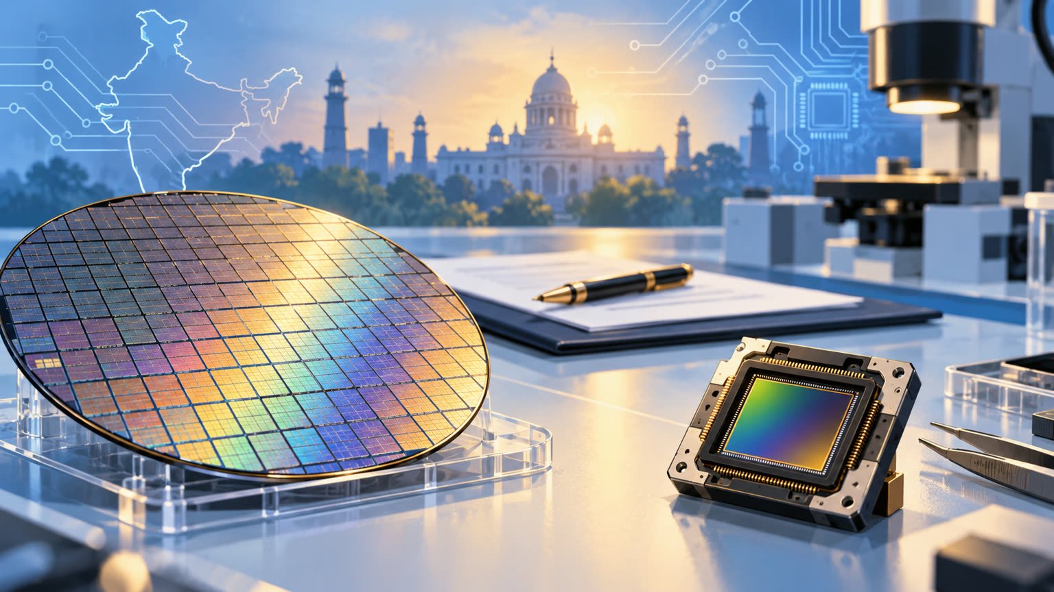 AI-generated conceptual illustration of a generic semiconductor wafer and camera sensor module; not BigEndian's actual product