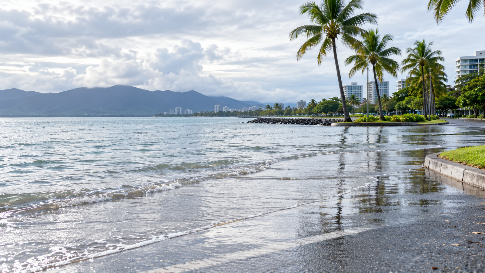 AI editorial illustration of shallow seawater reaching a generic tropical waterfront road