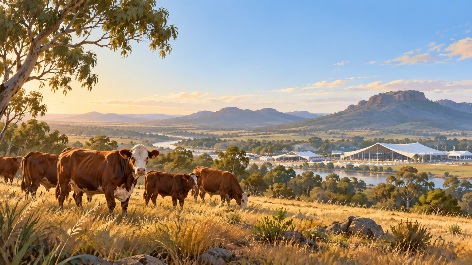 AI-generated conceptual illustration of cattle in a generic Central Queensland paddock near imagined event pavilions; not a photograph of Beef2027