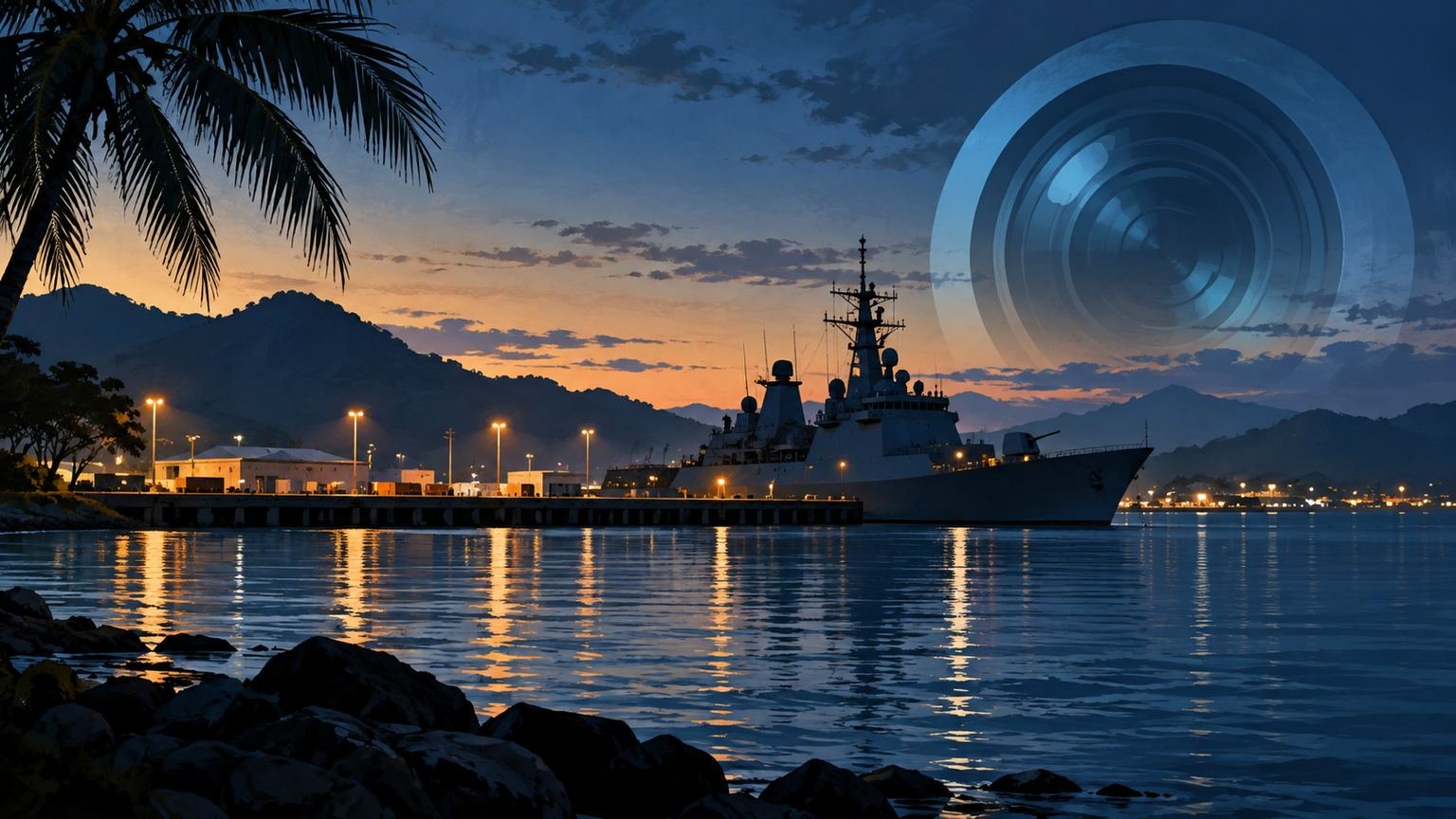 AI-generated symbolic editorial illustration of a generic navy vessel at a tropical harbour; not HMAS Leeuwin or the actual Cairns scene