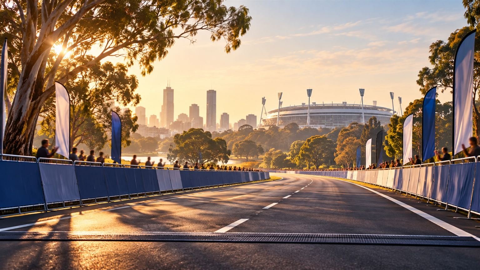 AI-generated conceptual illustration of an empty road-race course and distant generic stadium; not the actual Melbourne Marathon or Eliud Kipchoge