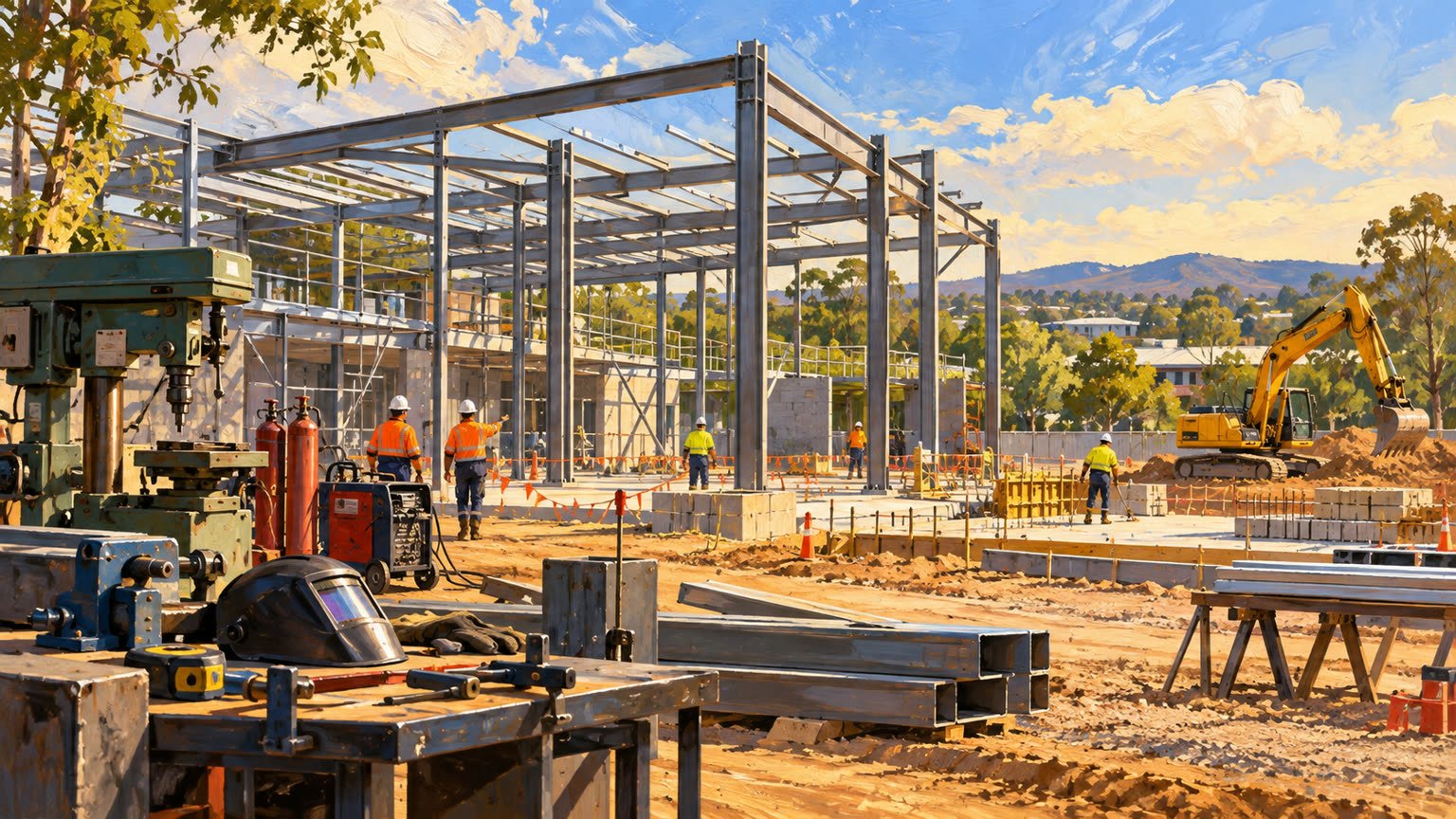 AI-generated editorial illustration of fictional early construction work for a generic technical training centre in Queensland