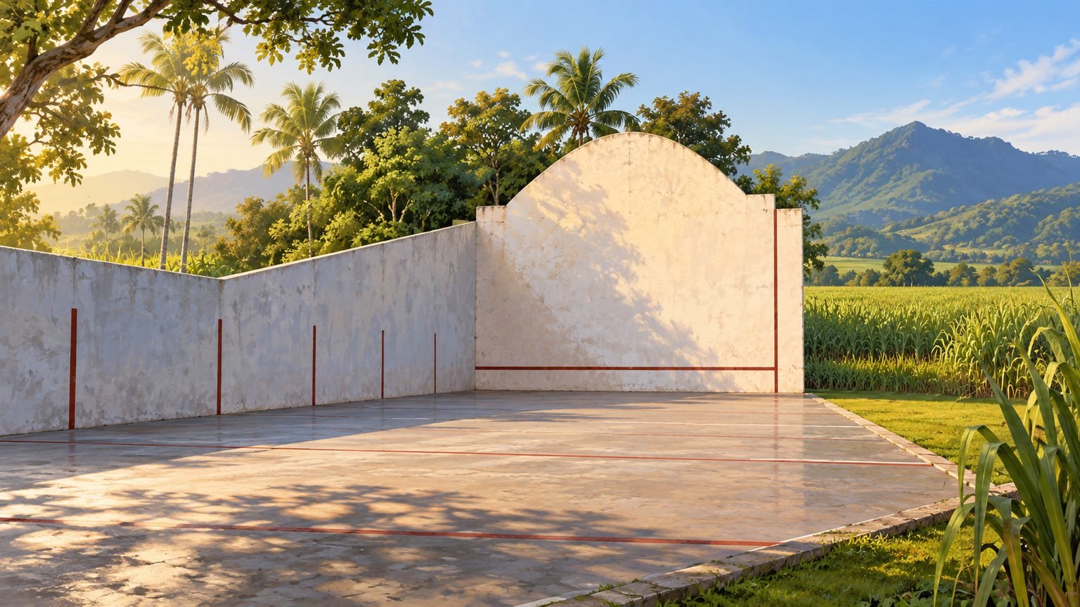 AI-generated editorial illustration of a fictional open-air Basque handball court in a tropical rural setting; not the Trebonne heritage site.