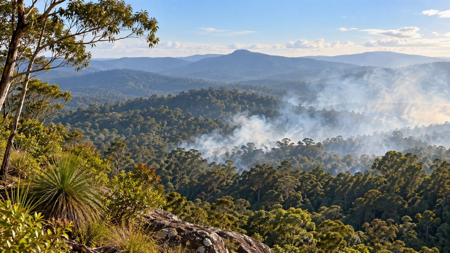AI-generated editorial illustration of a generic forested highland with light haze; not a photograph of the Tablelands planned burns.