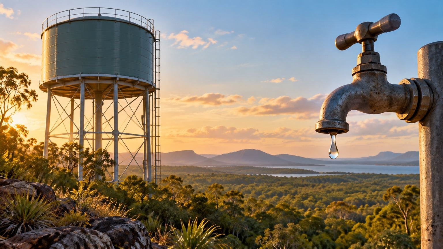 AI-generated symbolic editorial illustration of a generic water reservoir and tap in a tropical landscape; not a real Northern Peninsula Area facility