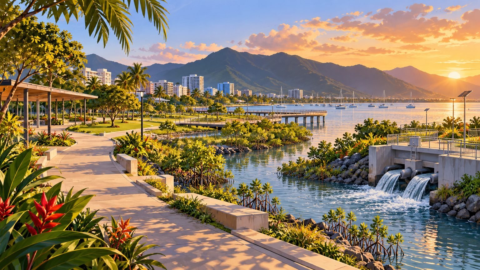 AI-generated editorial illustration of a generic tropical waterfront, public park and water infrastructure inspired by Cairns; not a real project site