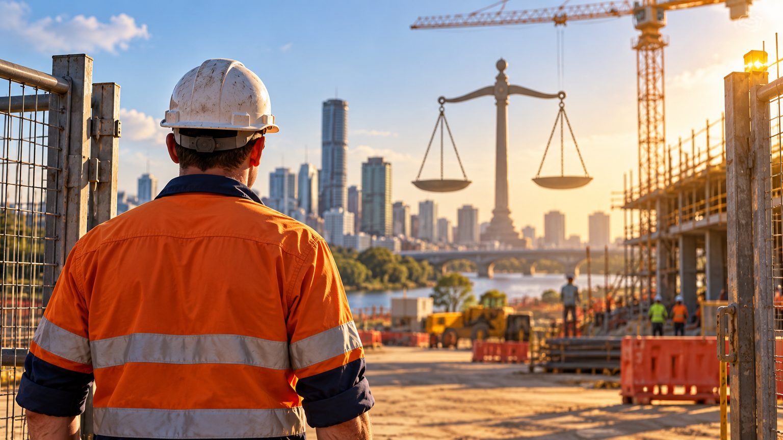 AI-generated editorial illustration of a generic construction worker, worksite and scales of justice; not a real worksite or person