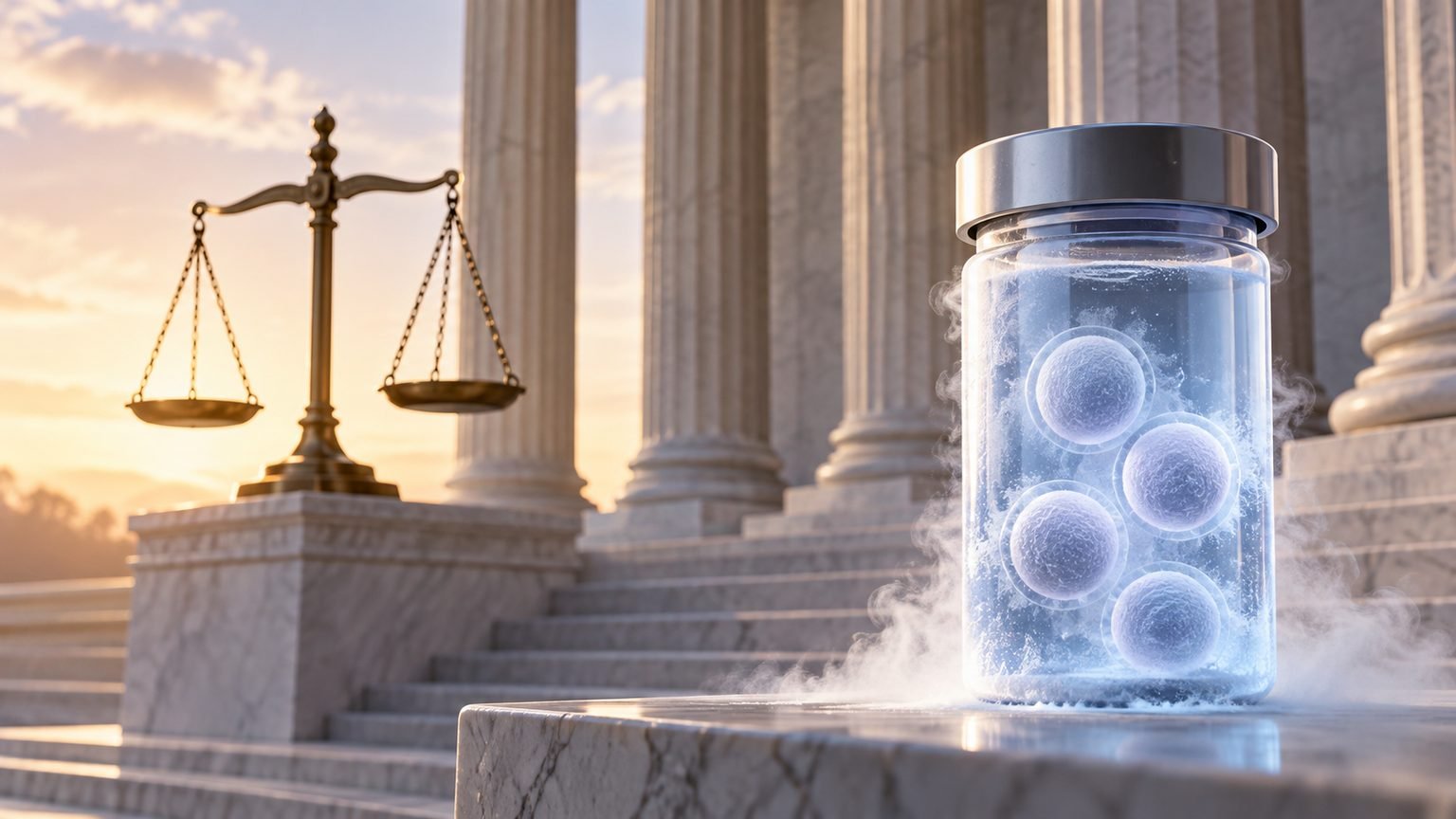 AI-generated symbolic editorial illustration of generic courthouse columns and a cryogenic vial; not a real court or medical procedure