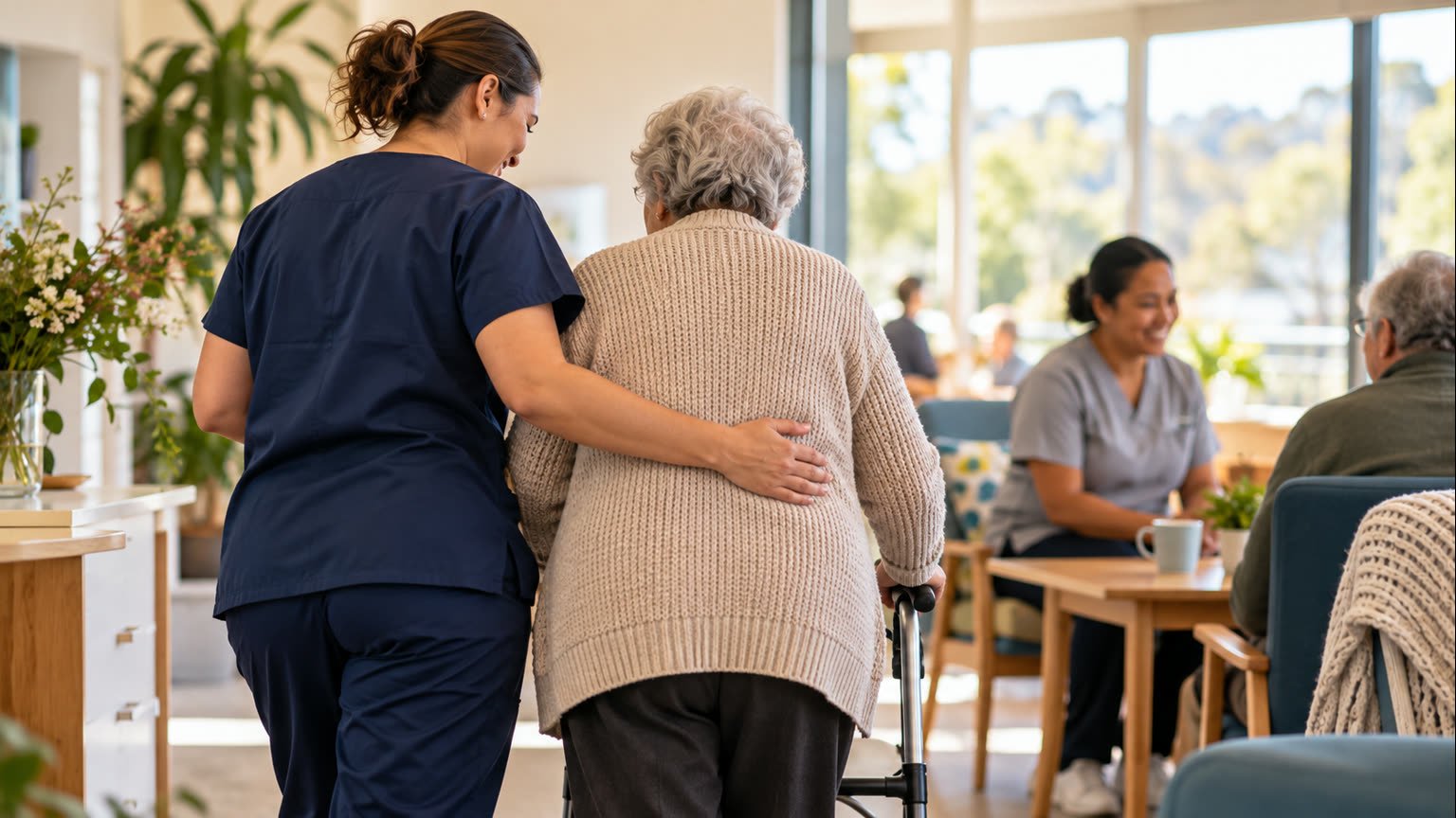 AI-generated editorial illustration of fictional care workers assisting an older adult in a generic community-care setting