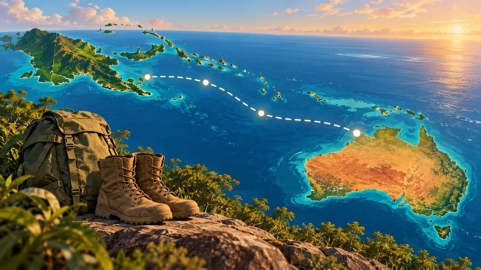 AI-generated conceptual editorial illustration of an abstract sea route between Papua New Guinea and Australia with empty boots and a backpack; not a real map or photograph of recruits.